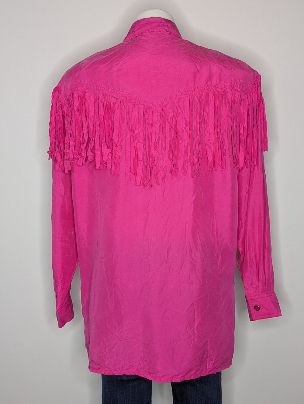 Vintage Palmer Pink Fringe Long Sleeve Silk Button Up M - Picture 4 of 8